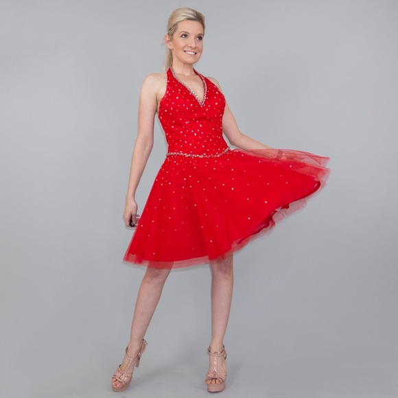 Red Fit Flare Halter Cocktail Homecoming Dress - Picture 7 of 8